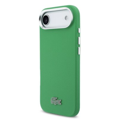 Žalias dėklas Lacoste Iconic Petit Pique Metal Logo MagSafe telefonui Apple iPhone Air su tekstūruota paviršiaus medžiaga