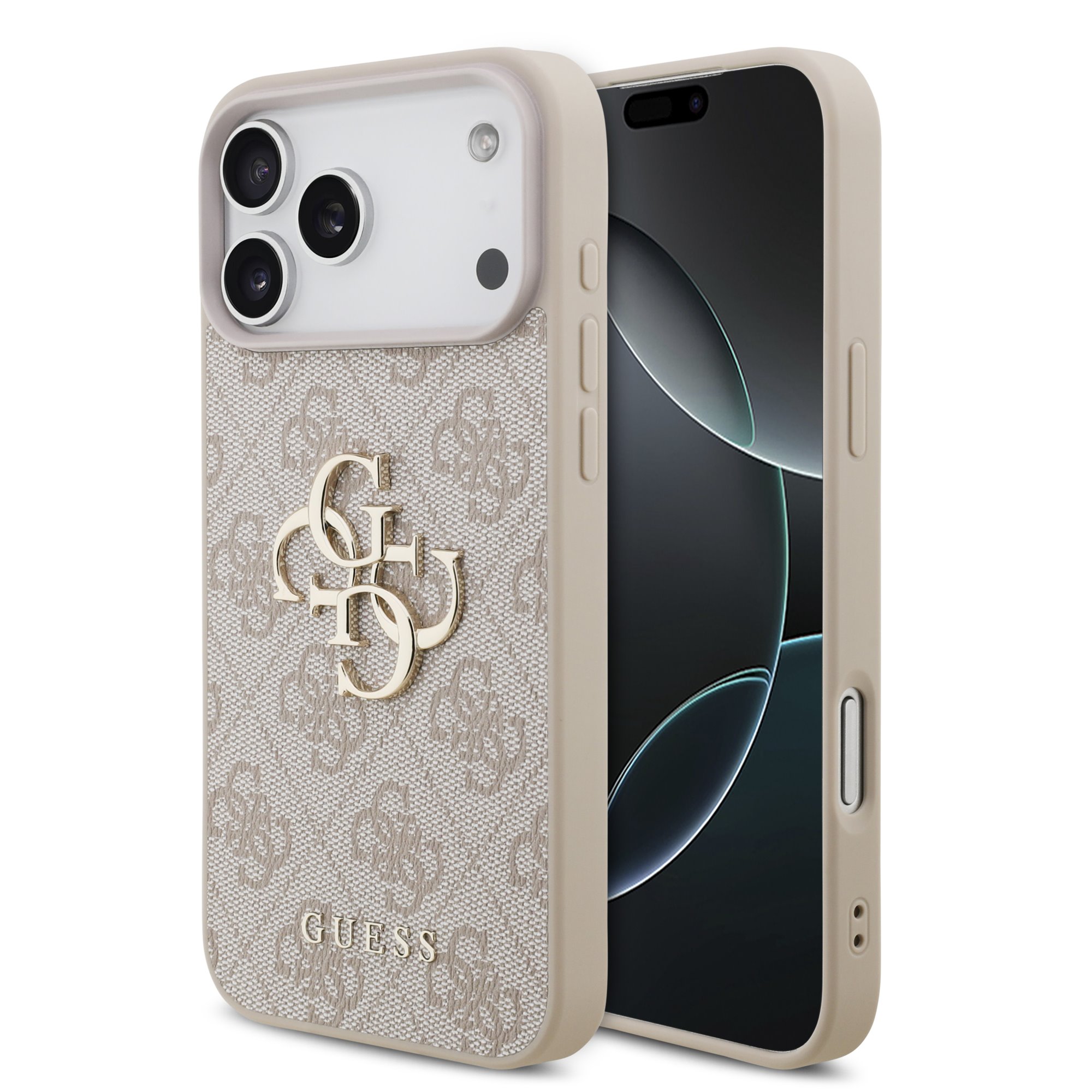 Rausvas originalus dėklas Guess PU 4G Metal Logo Rausvas originalus dėklas Guess PU 4G Metal Logo telefonui Apple Iphone 17 Pro Max su aukso spalvos logotipu