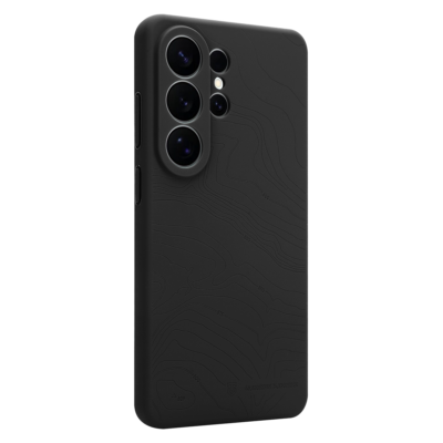 Asphalt dėklas telefonui Samsung Galaxy S26 Ultra Tactical Beaver juodos spalvos su reljefiniu žemėlapio raštu ir trimis kamerų angomis