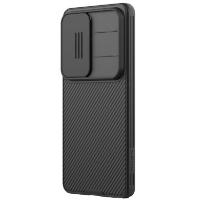 Juodas dėklas Samsung Galaxy S26 Ultra Nillkin Camshield su matinio rašto paviršiumi ir fotoaparato apsauga