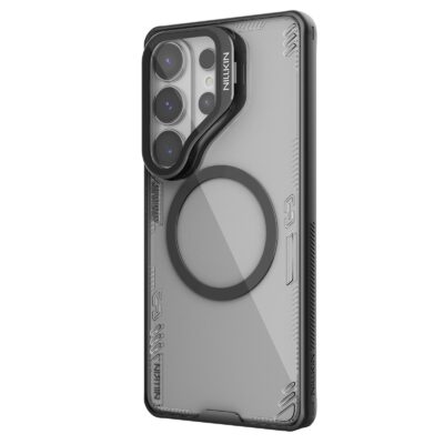 Tamsiai juodas dėklas Samsung Galaxy S26 Ultra Nillkin Iceblade Prop Magnetic su permatomu dizainu ir kameros apsauga