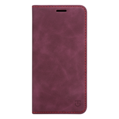 Bordo atverčiamas dėklas Tactical Xproof telefonui Samsung Galaxy A57 su ryškia raudona siūle ir užrašu