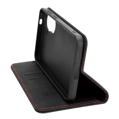 Juodas atverčiamas dėklas Tactical Xproof telefonui Samsung Galaxy A57 su raudonomis siūlėmis