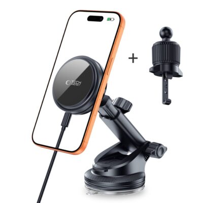 Juodas telefono laikiklis su pakrovimu TECH-PROTECT V9 ARCTICBOOST MAGNETIC MAGSAFE automobilio prietaisu skydelio ir ventiliacijos groteliu laikiklis