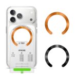 Magnetinis žiedas TECH-PROTECT MMP-210 Magnetic MagSafe Ring 2-Pack ant skaidraus telefono dėklo su oranžiniu ir juodu žiedais šalia