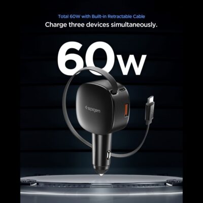 Juodas automobilis SPIGEN EV603BT ESSENTAIL CAR CHARGER 60W su įmontuotu ištraukiamu kabeliu