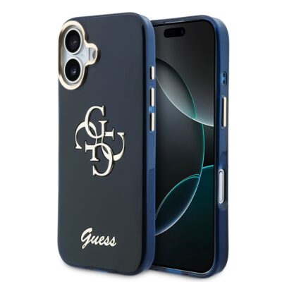 Mėlynas originalus dėklas Guess IML 4G Script Metal Logo telefonui Apple Iphone 17 su metalo logotipu