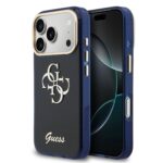 Mėlynas originalus dėklas Guess IML 4G Script Metal Logo telefonui Apple Iphone 17 su sidabriniu metalo logotipu