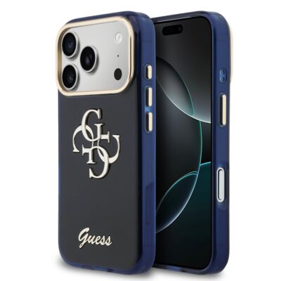 Mėlynas originalus dėklas Guess IML 4G Script Metal Logo telefonui Apple Iphone 17 su sidabriniu metalo logotipu