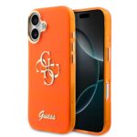 Oranžinis originalus dėklas Guess IML 4G Script Metal Logo telefonui Apple Iphone 17 su matiniu paviršiumi ir auksiniu logotipu