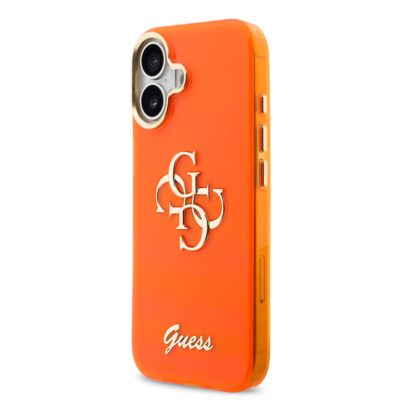 Oranžinis originalus dėklas Guess IML 4G Script Metal Logo telefonui Apple Iphone 17 su metaliniu logotipu