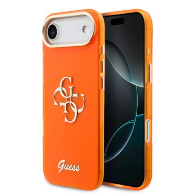 Oranžinis originalus dėklas Guess IML 4G Script Metal Logo telefonui Apple Iphone Air su metaliniu logotipu