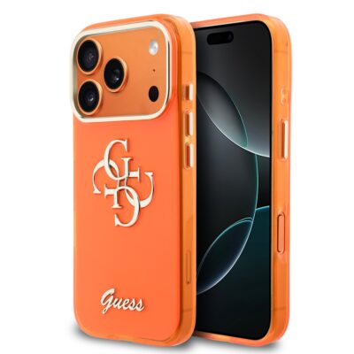 Oranžinis originalus dėklas Guess IML 4G Script Metal Logo telefonui Apple Iphone 17 Pro Max su matiniu paviršiumi ir metaliniu logotipu