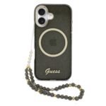 Juodas originalus dėklas Guess IML Glitter Script Strap MagSafe telefonui Apple Iphone 17 su blizgiu paviršiumi ir rausvų akmenukų dirželiu