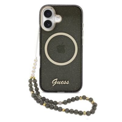 Juodas originalus dėklas Guess IML Glitter Script Strap MagSafe telefonui Apple Iphone 17 su blizgiu paviršiumi ir rausvų akmenukų dirželiu