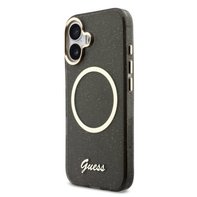Juodas originalus dėklas Guess IML Glitter Script Strap MagSafe telefonui Apple Iphone 17 su blizgiais