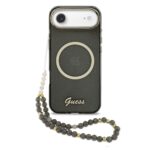Juodas originalus dėklas Guess IML Glitter Script Strap MagSafe telefonui Apple Iphone Air su blizgančiomis dėmėmis ir karoliukų dirželiu