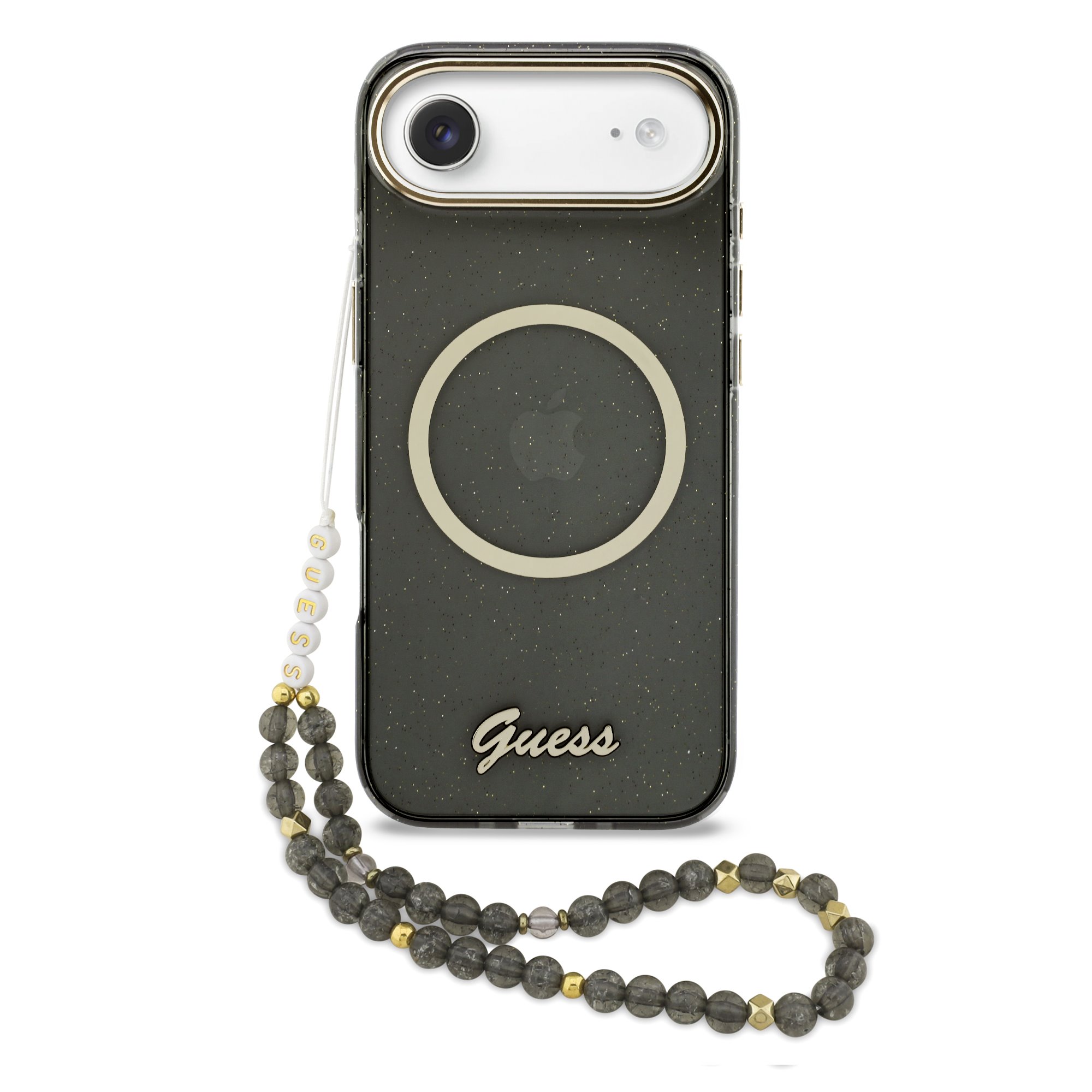 Juodas originalus dėklas Guess IML Glitter Script Strap MagSafe Juodas originalus dėklas Guess IML Glitter Script Strap MagSafe telefonui Apple Iphone Air su blizgančiomis dėmėmis ir karoliukų dirželiu