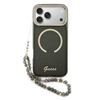 Juodas originalus dėklas Guess IML Glitter Script Strap MagSafe telefonui Apple Iphone 17 Pro Max su grandinėle ir blizgančiomis detalėmis