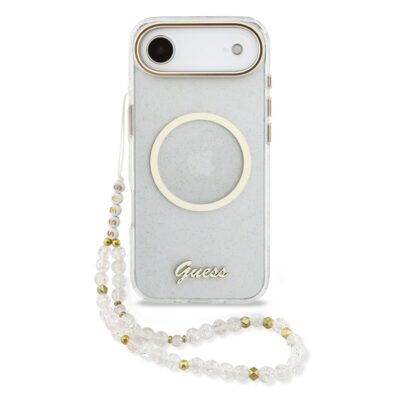 Skaidrus originalus dėklas Guess IML Glitter Script Strap MagSafe telefonui Apple Iphone su blizgančiomis dalelėmis ir dekoratyviniu dirželiu