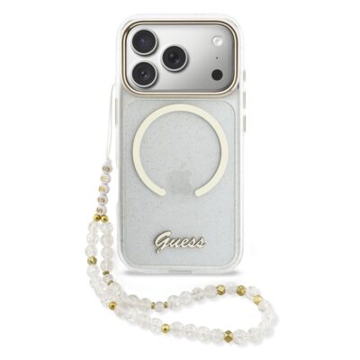 Skaidrus originalus dėklas Guess IML Glitter Script Strap MagSafe telefonui Apple Iphone 17 Pro su blizgučiais ir dekoratyvine juosta