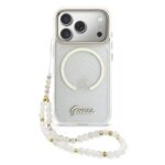 Skaidrus originalus dėklas Guess IML Glitter Script Strap MagSafe telefonui Apple Iphone 17 Pro Max su blizgančiomis dalelėmis ir karoliukų dirželiu