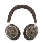 Rudos ausinės Guess PU 4G Triangle Logo ENC Wireless Headphone su tamsiai ruda galvute ir pažymėtu trikampiu logotipu