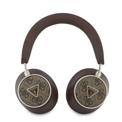 Rudos ausinės Guess PU 4G Triangle Logo ENC Wireless Headphone su tamsiai ruda galvute ir pažymėtu trikampiu logotipu