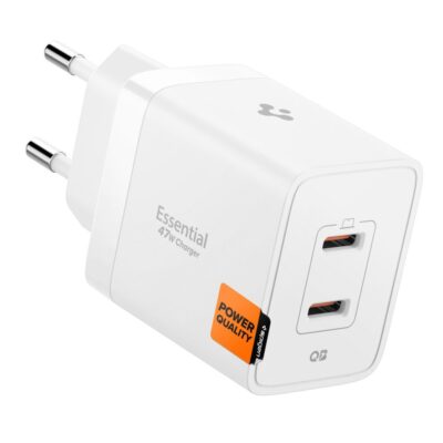 Baltas buitinis pakrovėjas SPIGEN ESSENTIAL EE472EU 2-port network charger 47W su dviem USB-C jungtimis