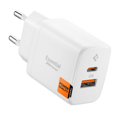Baltas buitinis pakrovėjas SPIGEN ESSENTIAL EE202EU 2-PORT NETWORK CHARGER 20W su dviem USB jungtimis