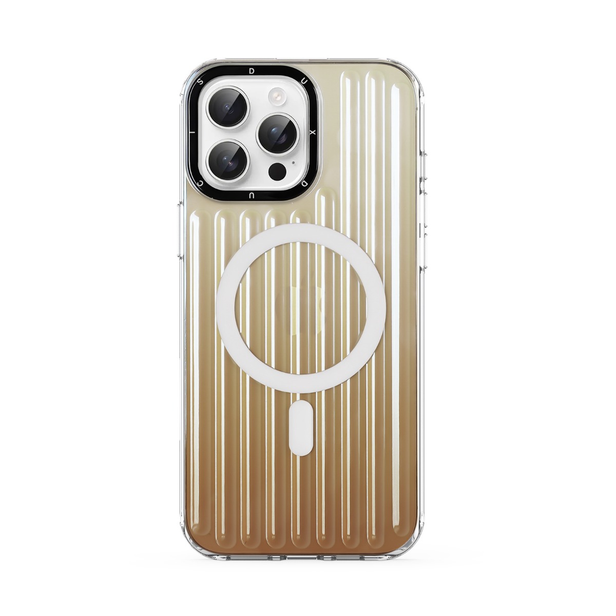 Auksinis dėklas telefonui Apple iPhone 16 Pro Max Dux Ducis Zest Auksinis dėklas telefonui Apple iPhone 16 Pro Max Dux Ducis Zest permatomas su vertikaliomis linijomis ir baltu apskritimu gale