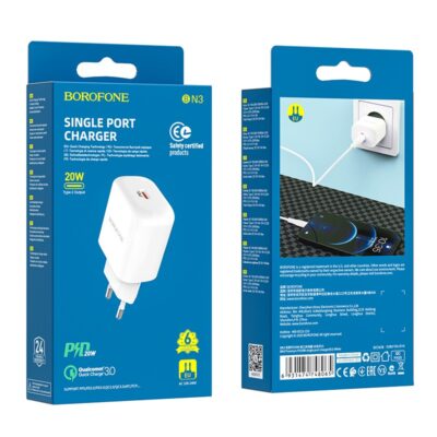 Baltas įkroviklis Borofone BN3 20W USB-C su viena jungtimi ir greitu įkrovimu.