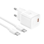 Baltas įkroviklis Hoco N66 35W GaN su USB-C ir USB-A jungtimis bei USB-C į USB-C kabeliu 1 metrų ilgio
