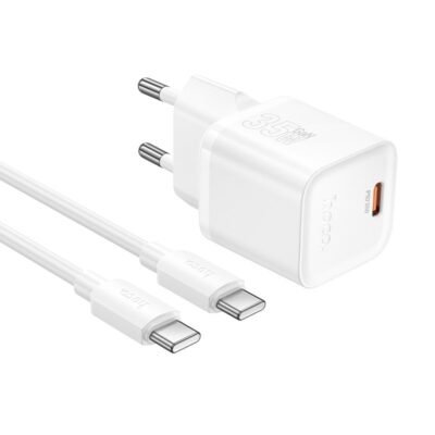 Baltas įkroviklis Hoco N66 35W GaN su USB-C ir USB-A jungtimis bei USB-C į USB-C kabeliu 1 metrų ilgio