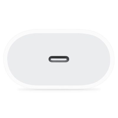 Baltas originalus Apple USB-C 20W MHJE3ZM A įkroviklis iš priekio su USB-C jungtimi