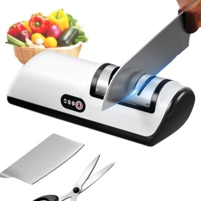 Belaidis peiliu galąstuvas Reach EasySharp baltos ir juodos spalvos su valdymo mygtukais ir pjaustomu peiliu