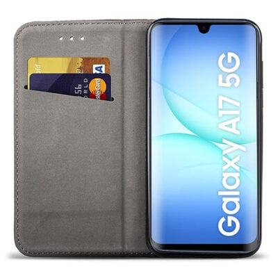 Bordo atverčiamas dėklas Samsung Galaxy A175 A17 4G su magnetiniu užsegimu atidarytas, rodantis kortelių laikiklius