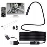 Endoskopas Reach E2 su ilgu juodu kabeliu ir USB jungtimis bei papildomomis antgaliais ir įrankiais