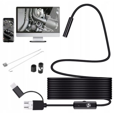 Endoskopas Reach E2 su ilgu juodu kabeliu ir USB jungtimis bei papildomomis antgaliais ir įrankiais