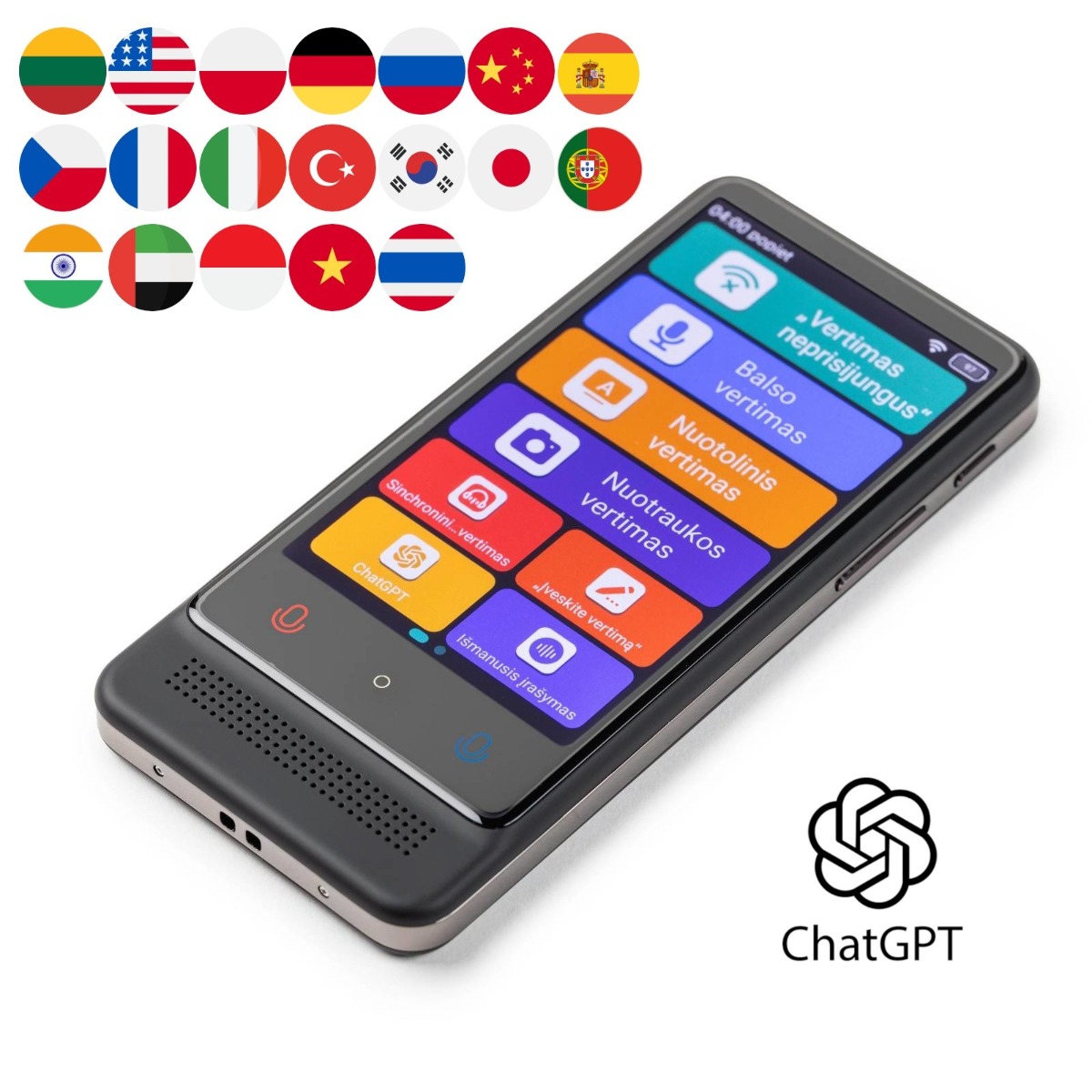 Išmanusis vertėjas Reach M12 Išmanusis vertėjas Reach M12 ryškiai rodo vertimo funkcijų meniu lietuvių kalba su daugelio pasaulio šalių vėliavomis viršuje.