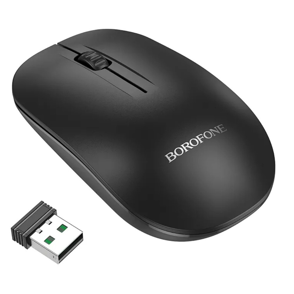 Juoda belaidė pelė Borofone BG14 Juoda belaidė pelė Borofone BG14 su USB imtuvu ant baltos fono