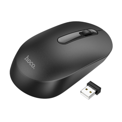 Juoda belaidė pelė Hoco GM14 su USB imtuvu baltame fone