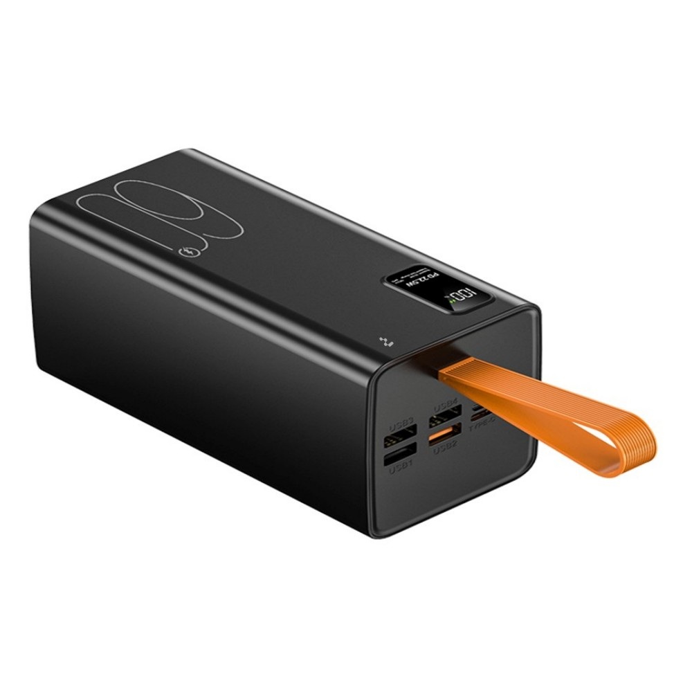 Juoda išorinė baterija Power Bank Reach RR-H40B Juoda išorinė baterija Power Bank Reach RR-H40B 22.5W 60000mAh su keturiais USB prievadais ir oranžine kilpa