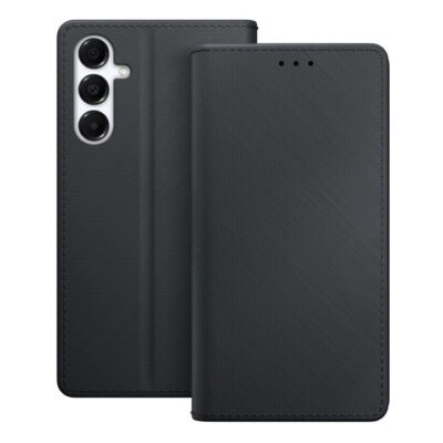 Juodas atverčiamas dėklas Samsung A175 A17 4G su matiniu paviršiumi ir tiksliais kampais kamerai