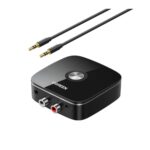 Juodas bluetooth adapteris imtuvas Ugreen CM123 su RCA ir AUX jungtimis ir juodu kabeliu