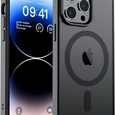 Juodas dėklas Apple iPhone 14 Pro Matte MagSafe su apsauga aplink kameros lęšius ir MagSafe žymekliu nugaroje