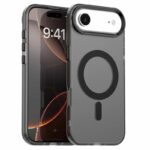 Juodas dėklas Apple iPhone 17 Air su matiniu paviršiumi ir MagSafe žiedu matomas iš priekio ir galo