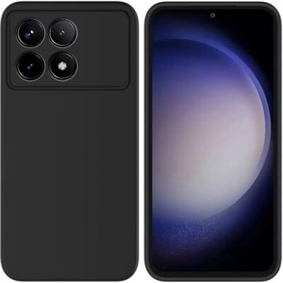 Juodas dėklas Xiaomi Poco F6 Pro 5G Liquid Silicone 1.5mm telefonui su ryškiai matomu kamera skyriumi ir ekrano vaizdu