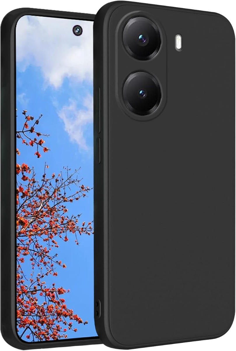 Juodas dėklas Xiaomi Poco X7 Pro Liquid Silicone 1.5mm Juodas dėklas Xiaomi Poco X7 Pro Liquid Silicone 1.5mm aplink telefoną su matomu ekranu ir dviem kameromis