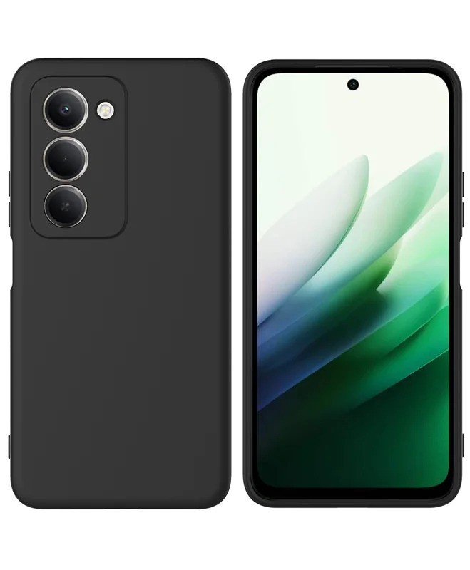 Juodas dėklas Xiaomi Redmi 15 Liquid Silicone 1.5mm Juodas dėklas Xiaomi Redmi 15 4G ir Redmi 15 5G Liquid Silicone 1.5mm matomas iš priekio ir galo su trimis kameromis